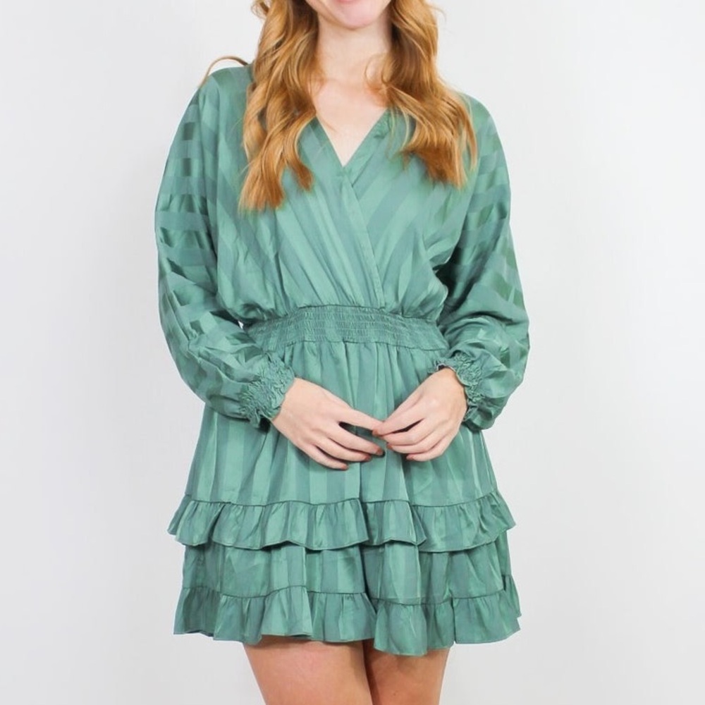 Elegant Green Stripe Ruffle Summer Spring Dress - Picture 2 of 13